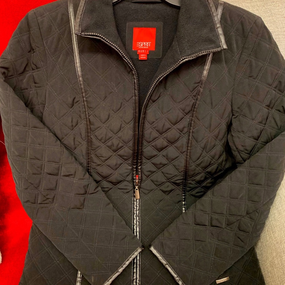 Esprit Outerwear Black Quilted Jacket with Vegan Leather Trim